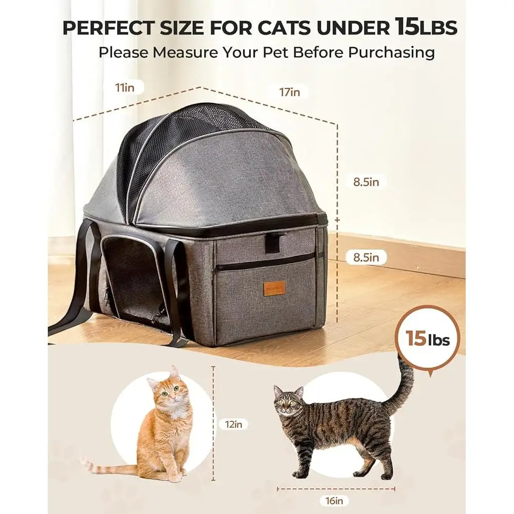 Soft Sided Cat Carrier Large Pet Bag Travel Seat with Semi-open Canopy Washable Cushion Collapsible Design Safety Features