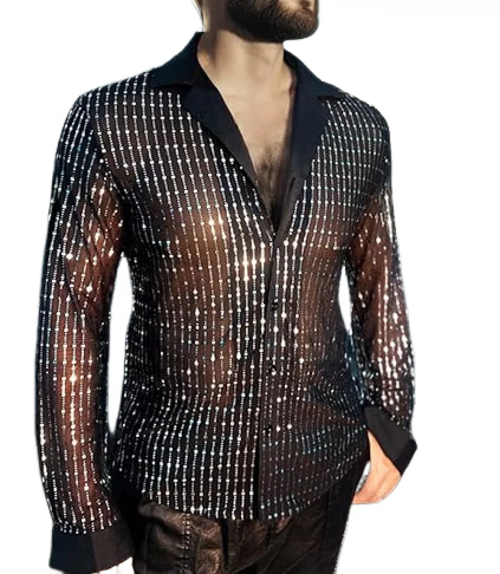 Men shiny sequins long sleeve button-down shirt disco party shirt night clubwear prom dance performance tops halloween costumes