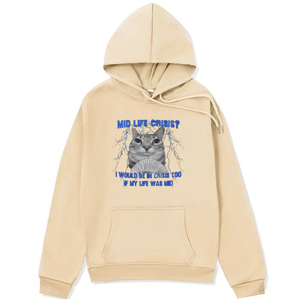 Mid Life Crisis Funny Cat in Motion Meme Graphic Print Hoodie Male Fashion Cute Oversized Pullover Sweatshirts Men Women Hoody
