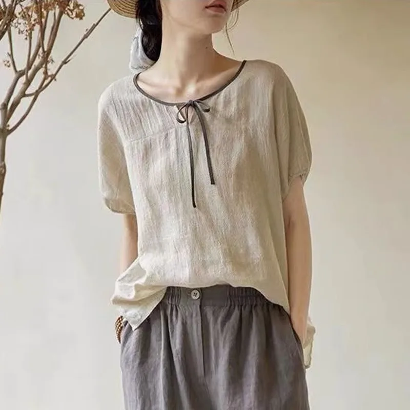 

Summer New 2024 Casual Solid Color Female Clothing Crew Neck Short Sleeve Loose Age Reduction T-shirt All-match Flowy Thin Tops