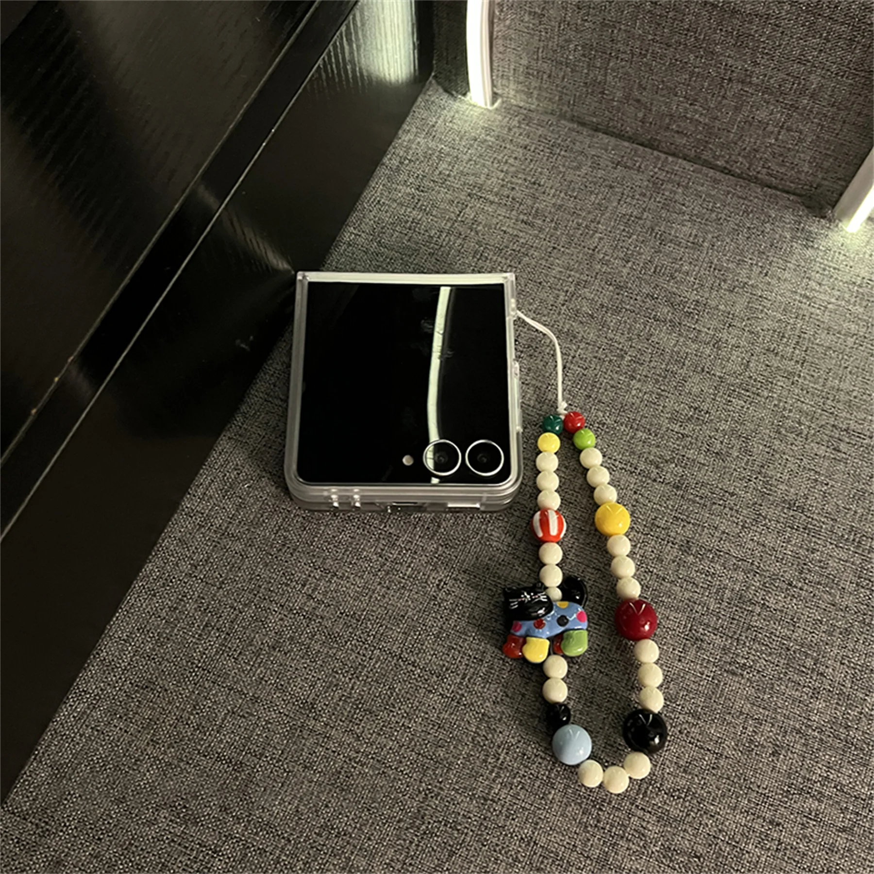 Charming Korean Black Kitten Pattern Case with Cat Bracelet Chain