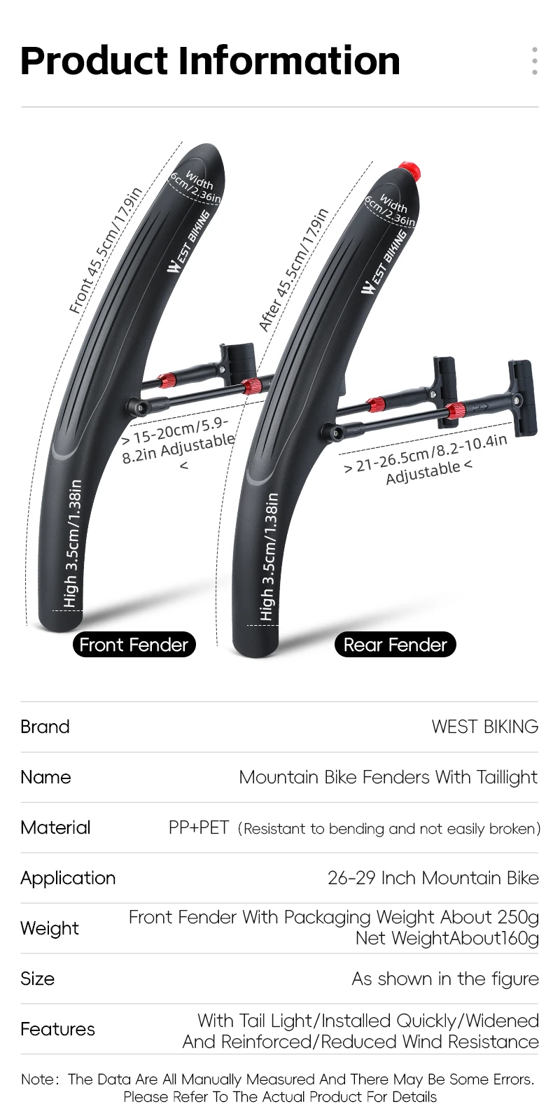 Description Picture 4 of itemWEST BIKING Bicycle Mudguard Bike Fender PP Soft Plastic Mudguard With Taillight Suitable For 26-29 Inch Mountain Bike Access