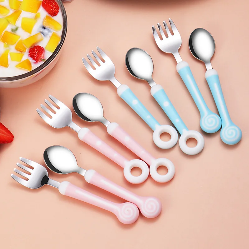 

Cute Baby Doughnut Lollipop Stainless Steel Fork Spoon Cartoon Style Feeding Tableware Baby Gadget Portable Non-slip Utensils