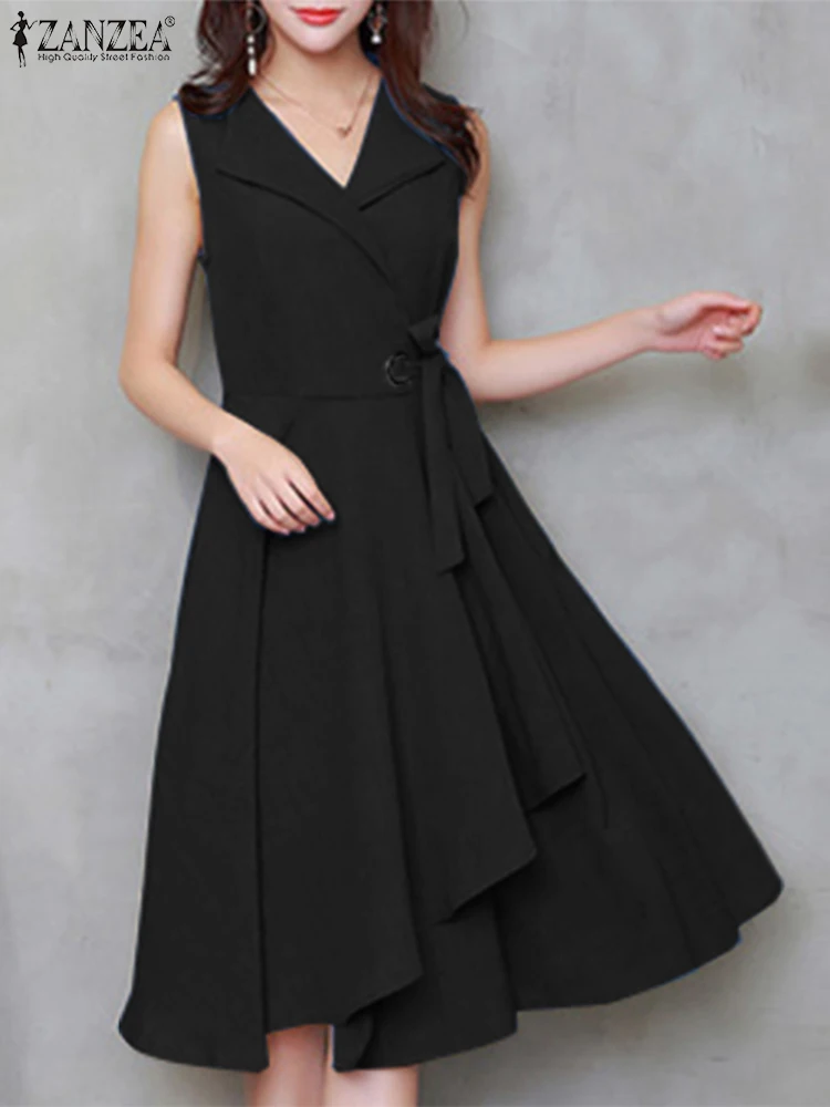 

Платье ZANZEA женское с V-образным вырезом, модный летний однотонный элегантный офисный сарафан на завязках, без рукавов