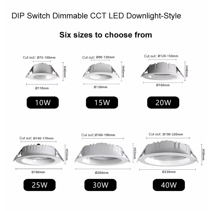 조광 가능한 CCT 변경 LED 매입형 다운라이트 10-40W DIP 스위치 벽 스위치 제어 LED 조명 (실내 가정 호텔용)