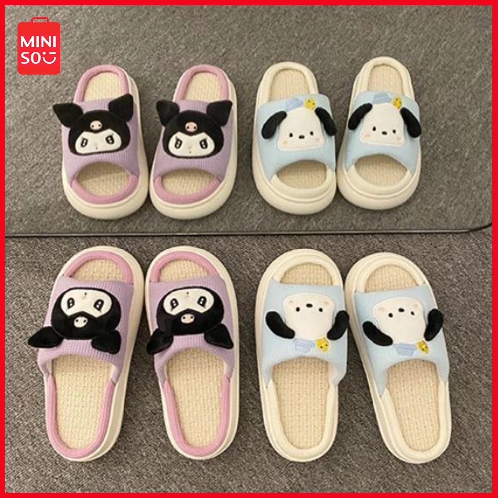 

New Miniso Sanrio Pochacco Cartoon Anime Korean Version Couple Linen Four Seasons Slippers Indoor and Outdoor Anti Slip Slippers