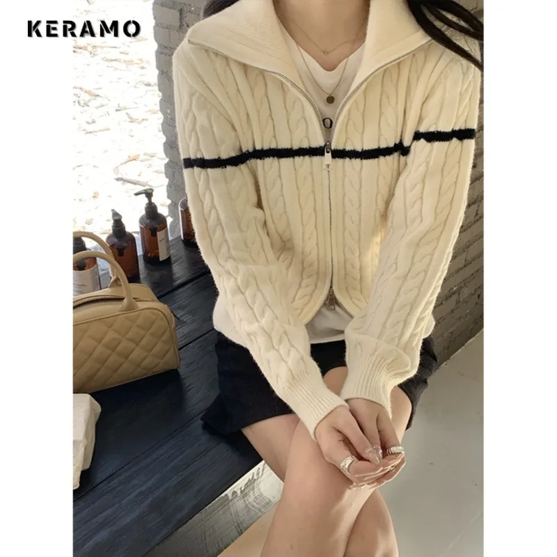 

2024 Spring Fall Simple Kink Knitting Knitted Cardigan England Casual Long Sleeve Double Zipper Shirt Women Lapel Sweater Coat