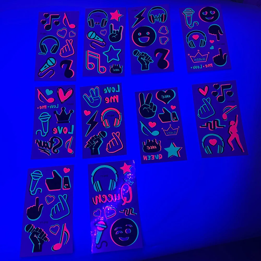 

10sheets Glow In The Dark Tattoos for Kids Adults Neon Temporary Music Notes Tattoos Numbers Crown UV Blacklight Party Makeup