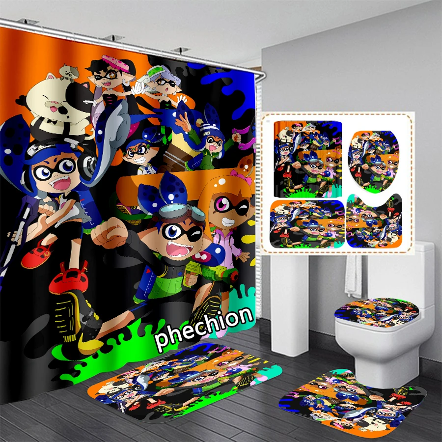 

phechion New 3D Print Cartoon Splatoon Shower Curtain Waterproof Bathroom Curtain Anti-slip Bath Mat Set Toilet Rugs VR248