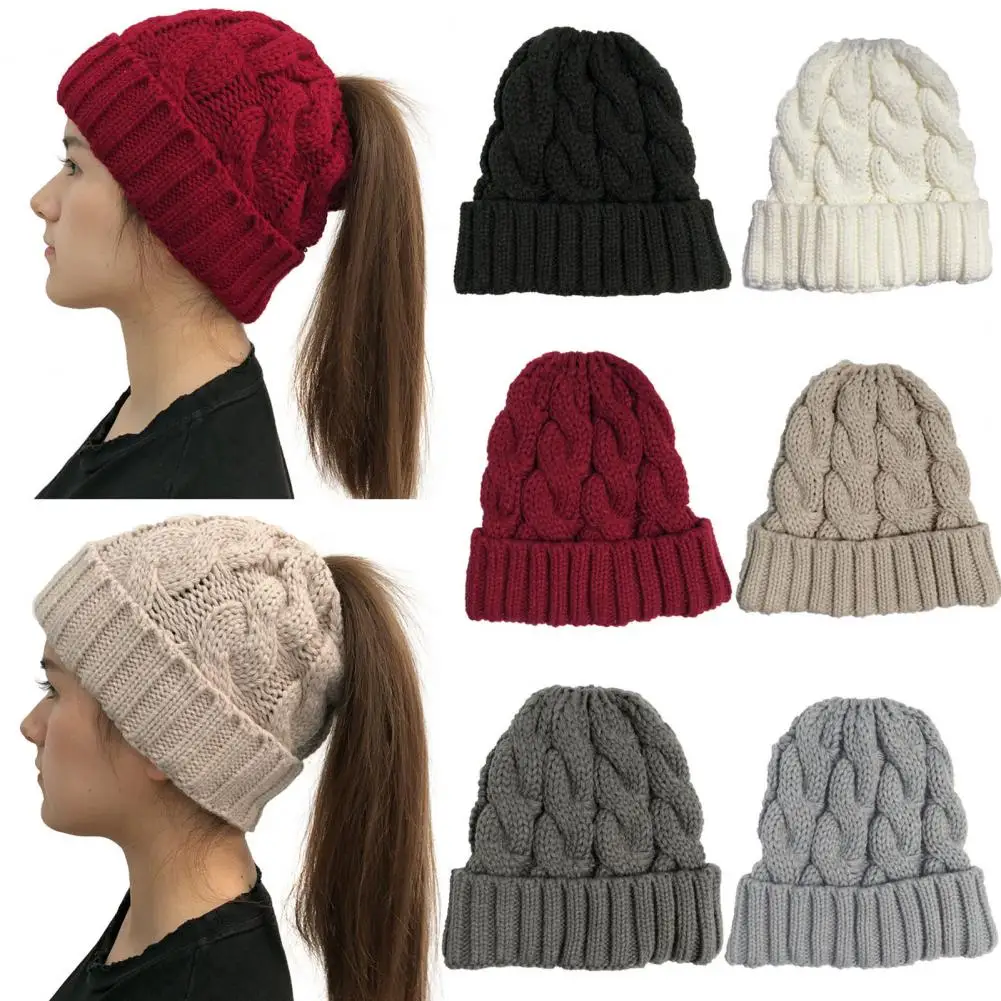 

Women Cutout Beanie Knitted Winter Ladies Hat with Ponytail Hole Anti-slip Warm Cold-proof Ear Protection Thick Solid Color