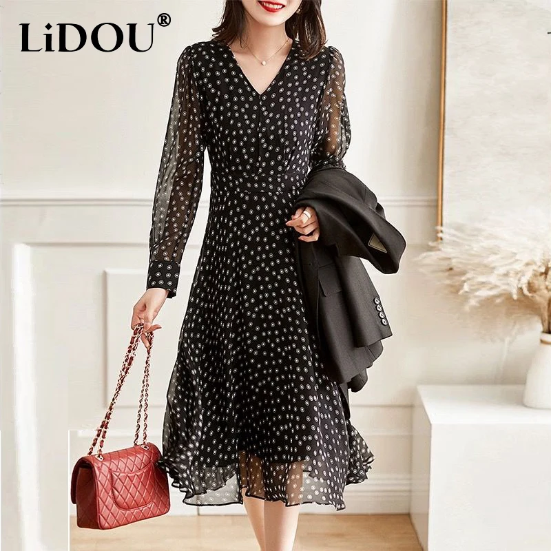 

Spring Summer V-neck Polka Dot Printing Waist Long Sleeve Robe Femme Elegant Fashion Waist Dress Ladies Slim Casual Midi Dress
