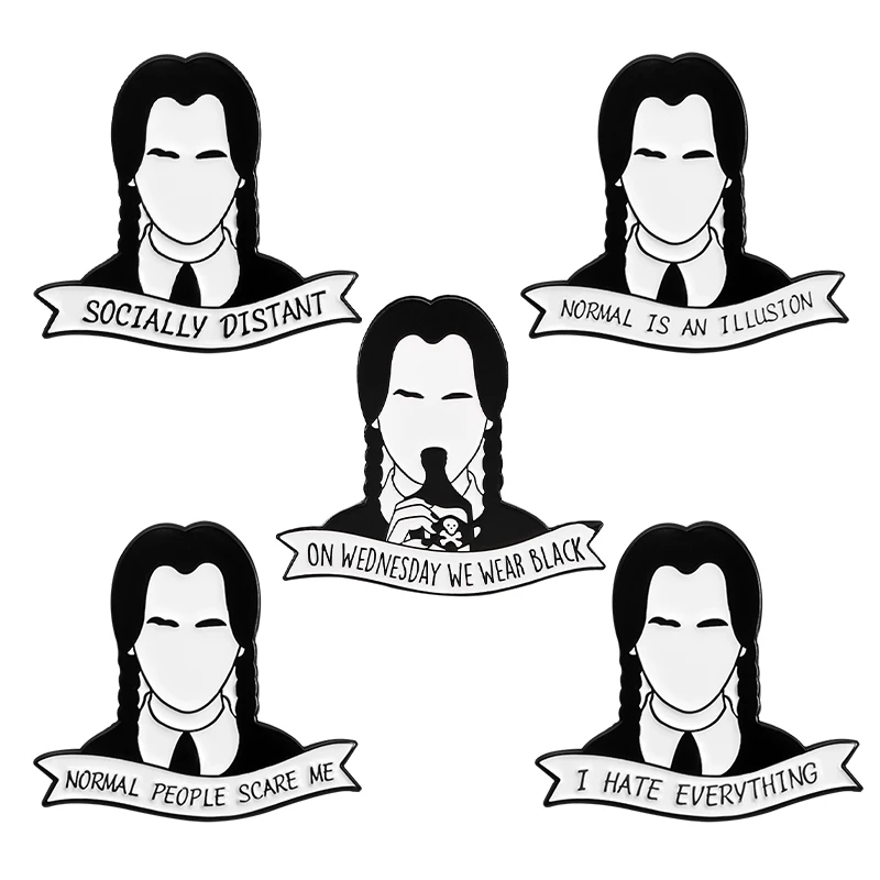 Am Mittwoch tragen wir schwarze Emaille Pin Ich hasse alles Film Charakter Zitate Broschen Revers Abzeichen Tasche Schmuck Geschenk für Fans