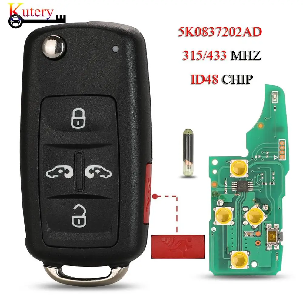 Jingyuqin 5 Pz/Lotto Pieghevole Chiave Auto Remota Per Vw Sharan Multivan Caravelle 5 Pulsanti 315/434Mhz Id48 Chip 5K0837202Ad 7N0837202K