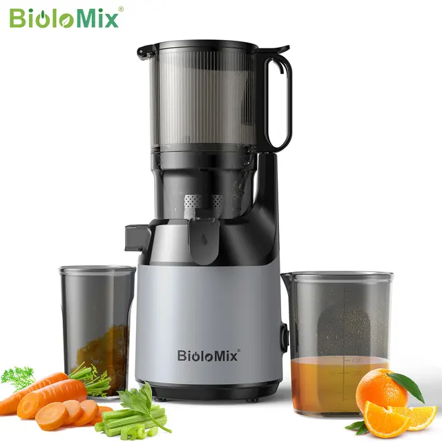 BioloMix Presse-agrumes à pression froide, avec goulotte d'alimentation de 130 mm, adapté aux fruits et légumes entiers, rendement élevé du jus, presse-agrumes à mastication lente sans BPA 1