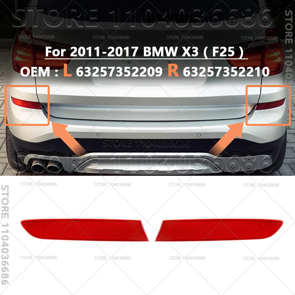2011-2017 F25 BMW X3 28i 28iX 28dX 35iX 리어 범퍼 리플렉터 테일 라이트 스트립 커버 63257352209 63257352210