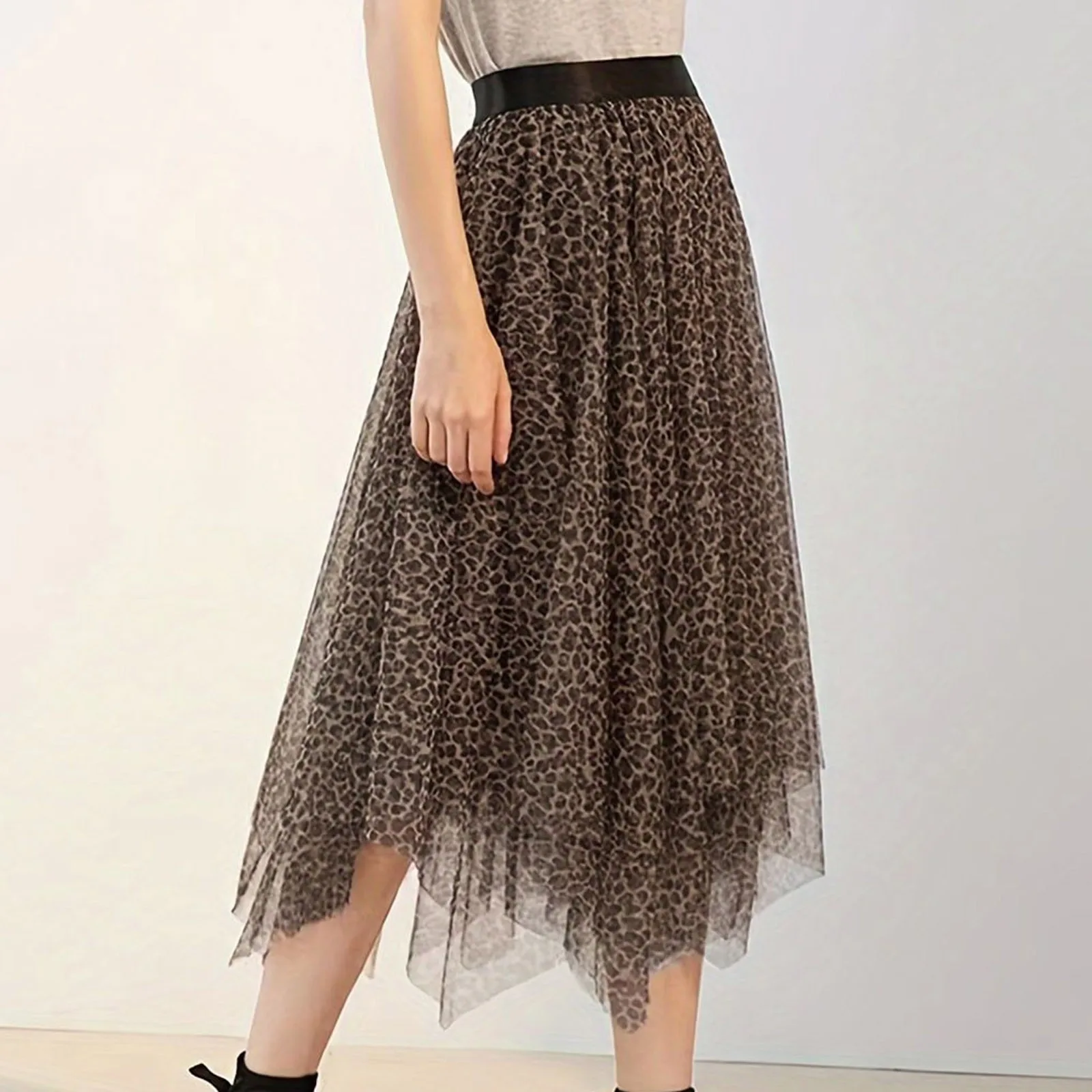 

Женская модная сетчатая юбка с леопардовым принтом, трехслойная юбка с асимметричным низом, длинная сетчатая юбка с высокой талией