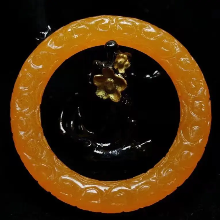 New Class Natural Jadeit High Ice Yellow Carving Jade Bangles Bracelet Jewelry Fengshui Accessories