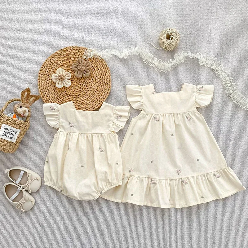 Sister Outfits Summer Girl's Princess Dress Childrens Embroidered Floral Dresses Cute Baby Flying Sleeve Bodysuit Kid's Clothing 2