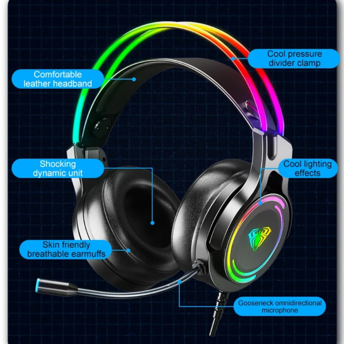 AULA S506 Gaming Headphones with HD Flexible Mic Wired Headset Computer Laptop RGB Heavy Bass Noise Cancellation