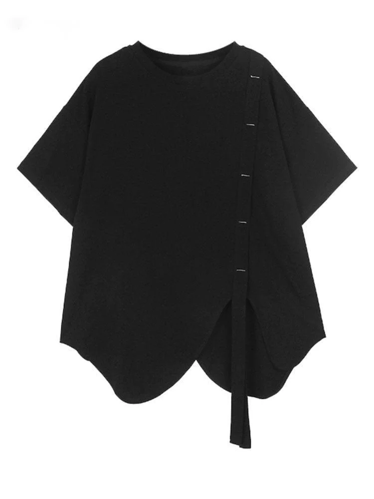 

Women Black Irregular Ribbon Big Size T-shirt New Round Neck Short Sleeve Loose Fashion Tide Spring Summer O128