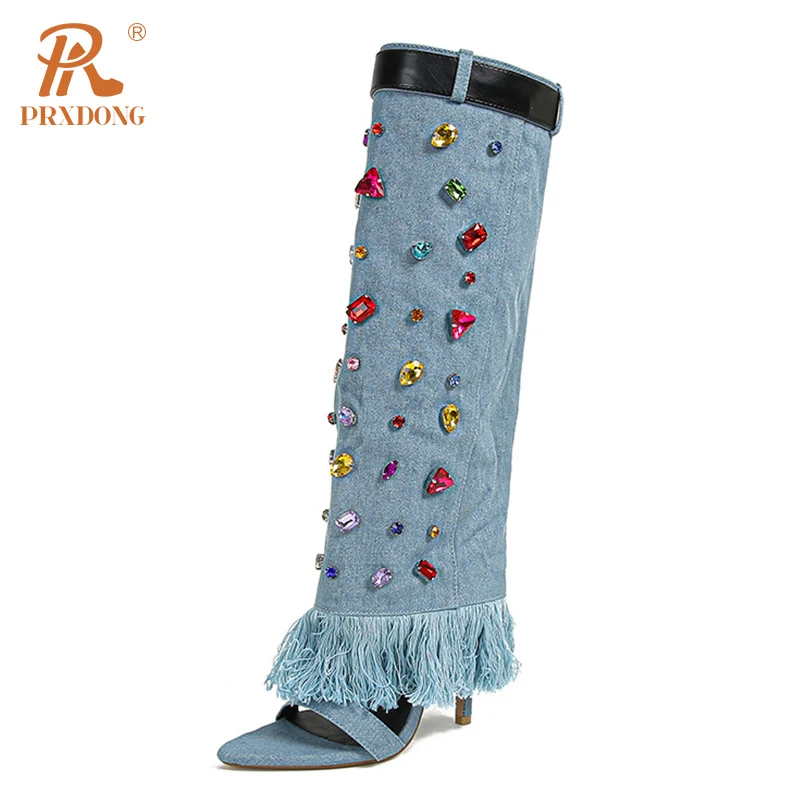 

PRXDONG INS 2023 New Sexy Spring Autumn Shoes Woman Knee High Boots Crystal Black Blue Dress Party Female SHoes Big Size 35-42