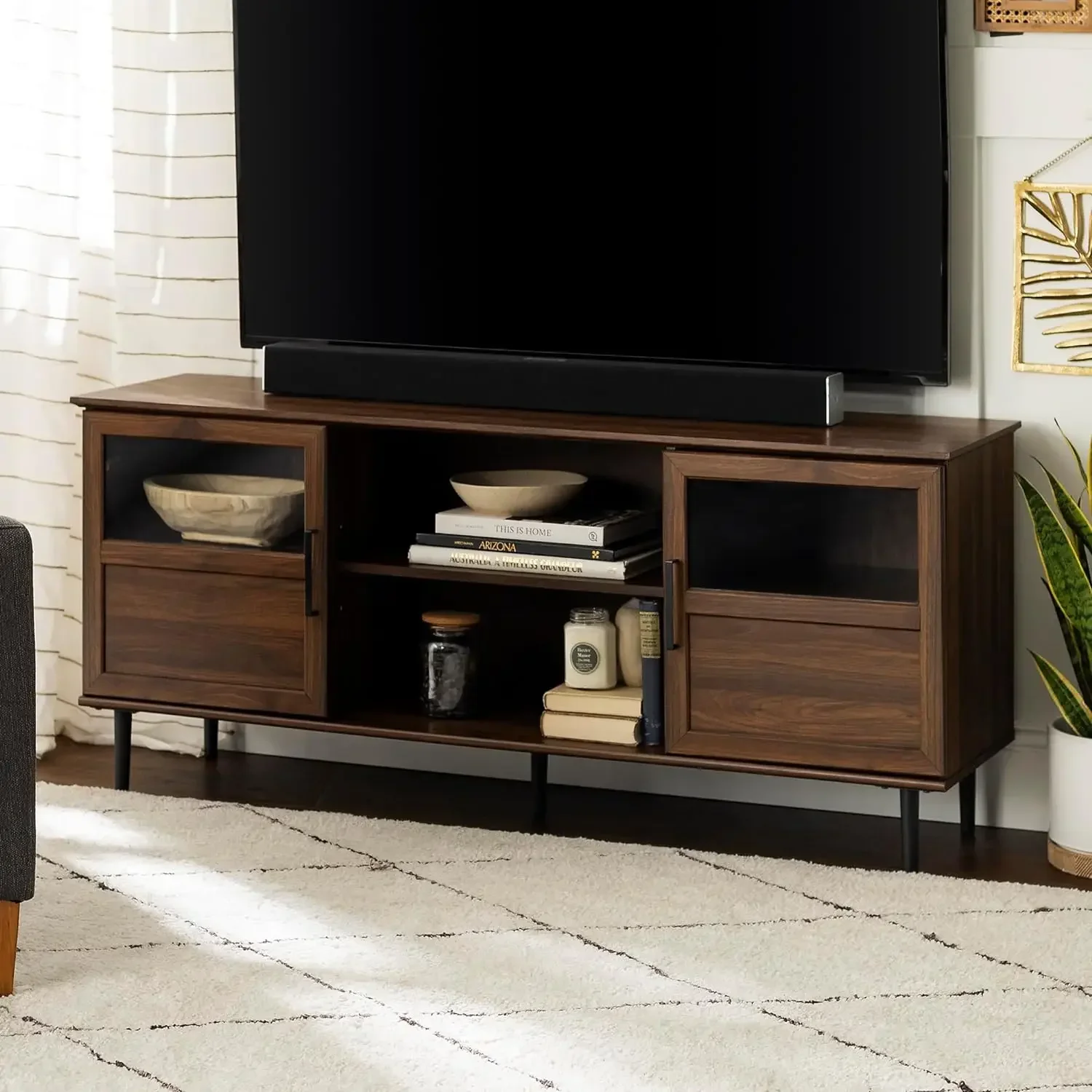 

Glass TV Stand with 2 Cabinet Doors for TV's up to 65" Flat Screen Universal TV Console Living Room Storage Shelves