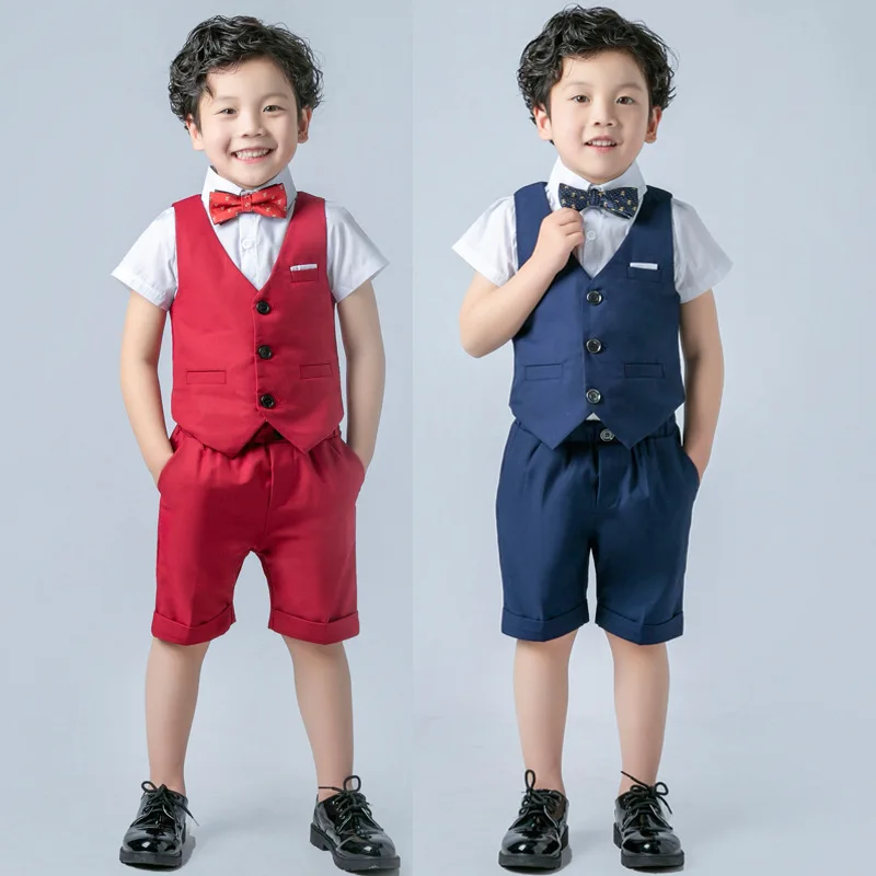 

Summer Children's Vest Dress Suit Set Boy Performance Party Wedding Costume Kids Waistcoats Shorts Bowtie Clothing Set 2-16t