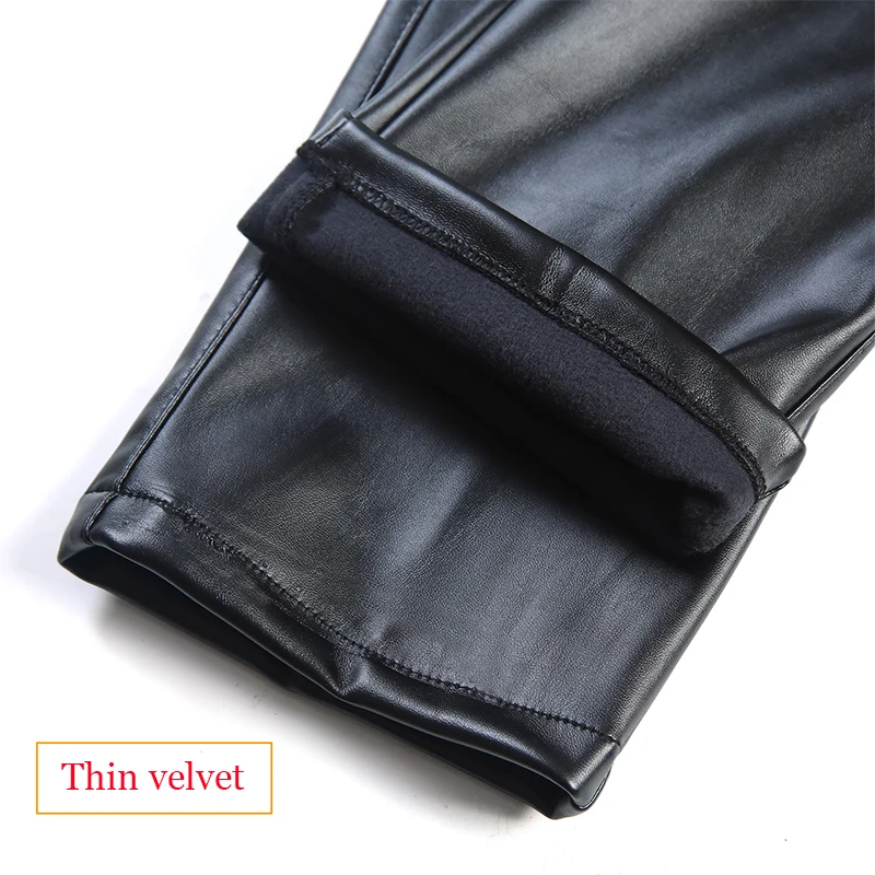 PU Leather Pants Mens Elastic Slim PU Trousers Thin Velvet Windproof Motorcycle Trousers Outdoor Work Biker Leather Pants