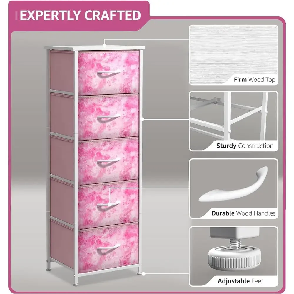 5-Drawer Fabric Nursery Organizer Pink Tie-dye Storage Tower Foldable Drawers Steel Frame MDF Wood Children's Playroom Organizer 4