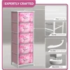 5-Drawer Fabric Nursery Organizer Pink Tie-dye Storage Tower Foldable Drawers Steel Frame MDF Wood Children's Playroom Organizer 4