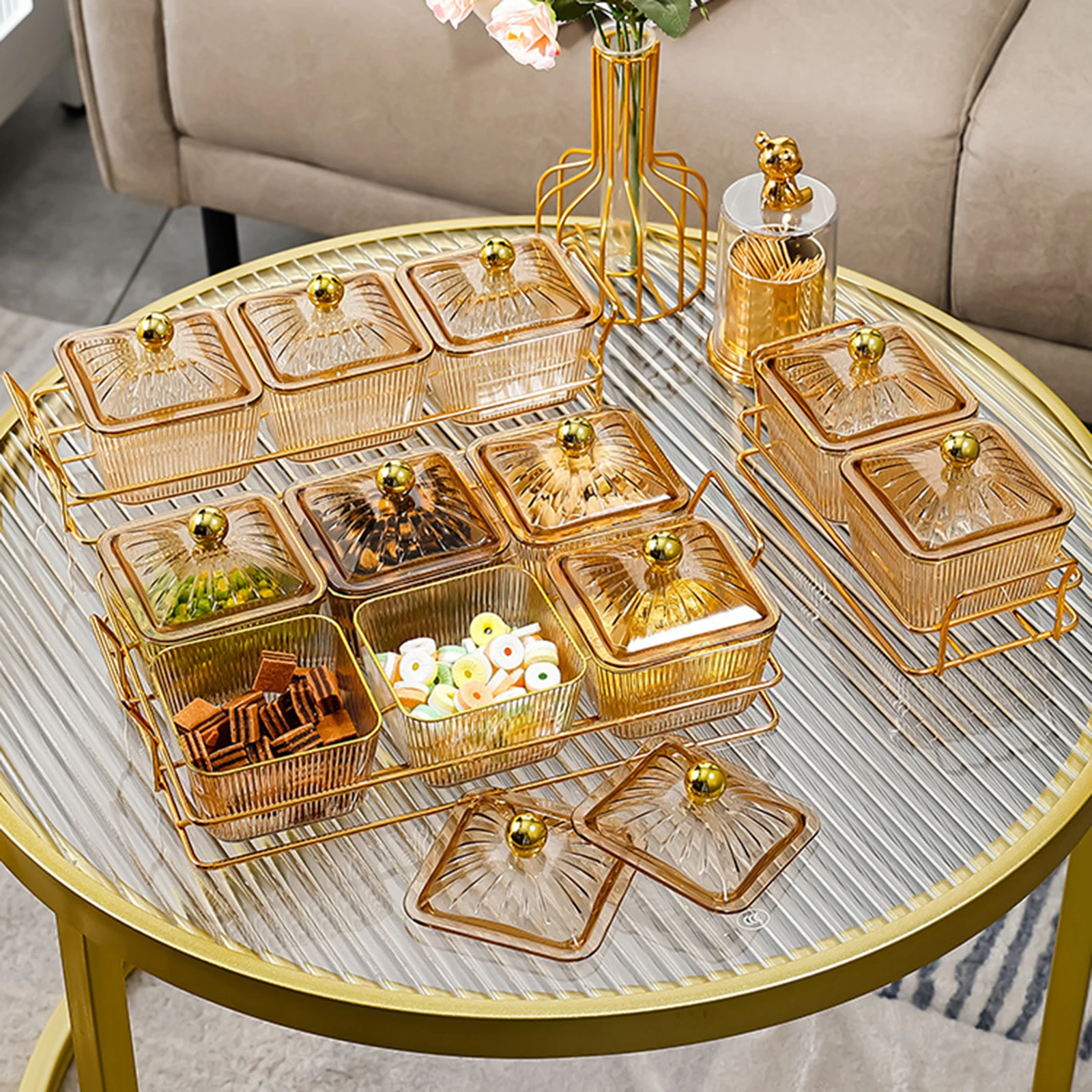 QPZK 竹製仕切りフルーツトレイ 蓋付き 木製分割サービングトレイ