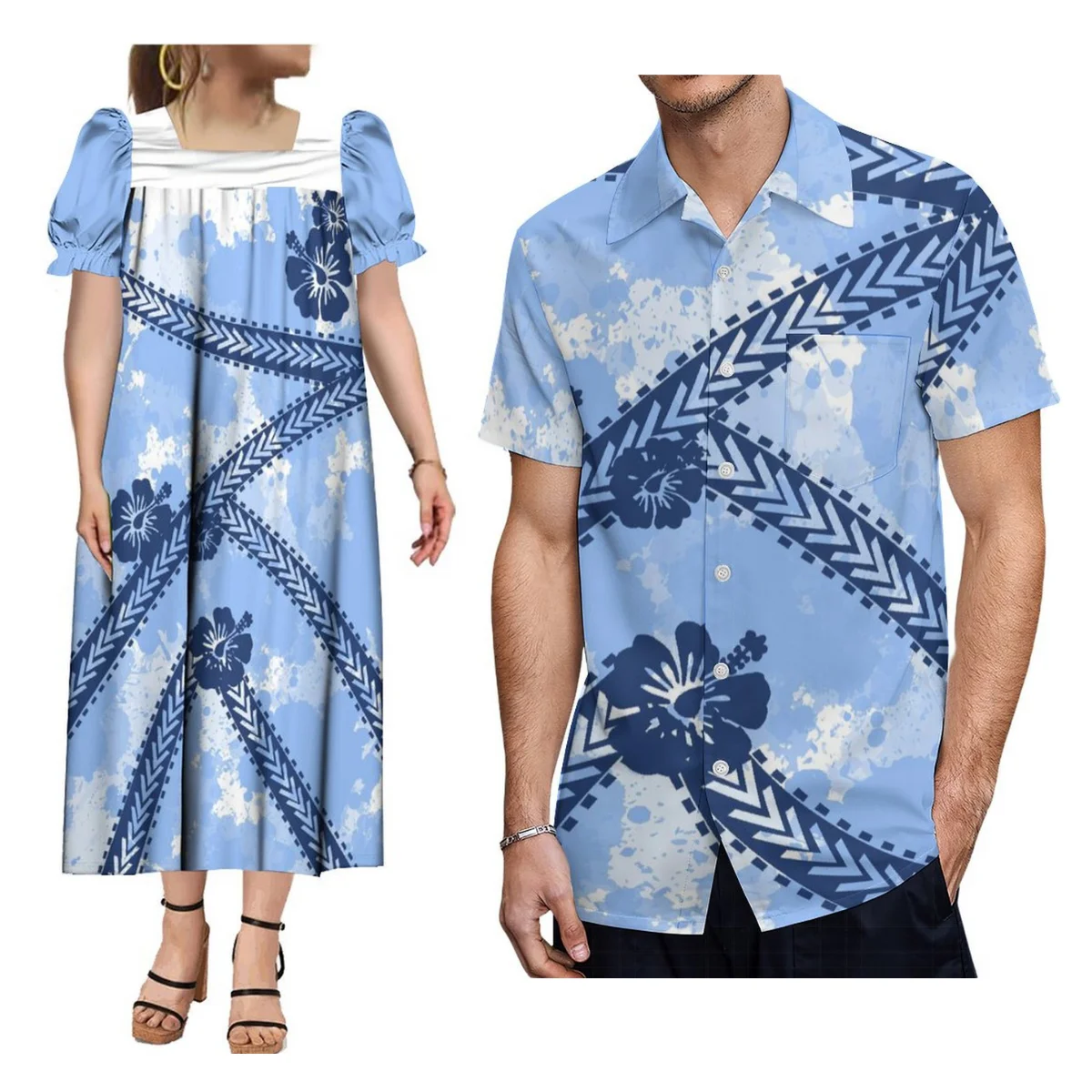 

Summer Mumu Short-Sleeved Dress With Hawaiian Men'S Pocket Shirt Polynesia Paired With Plus-Size Couple Outfit