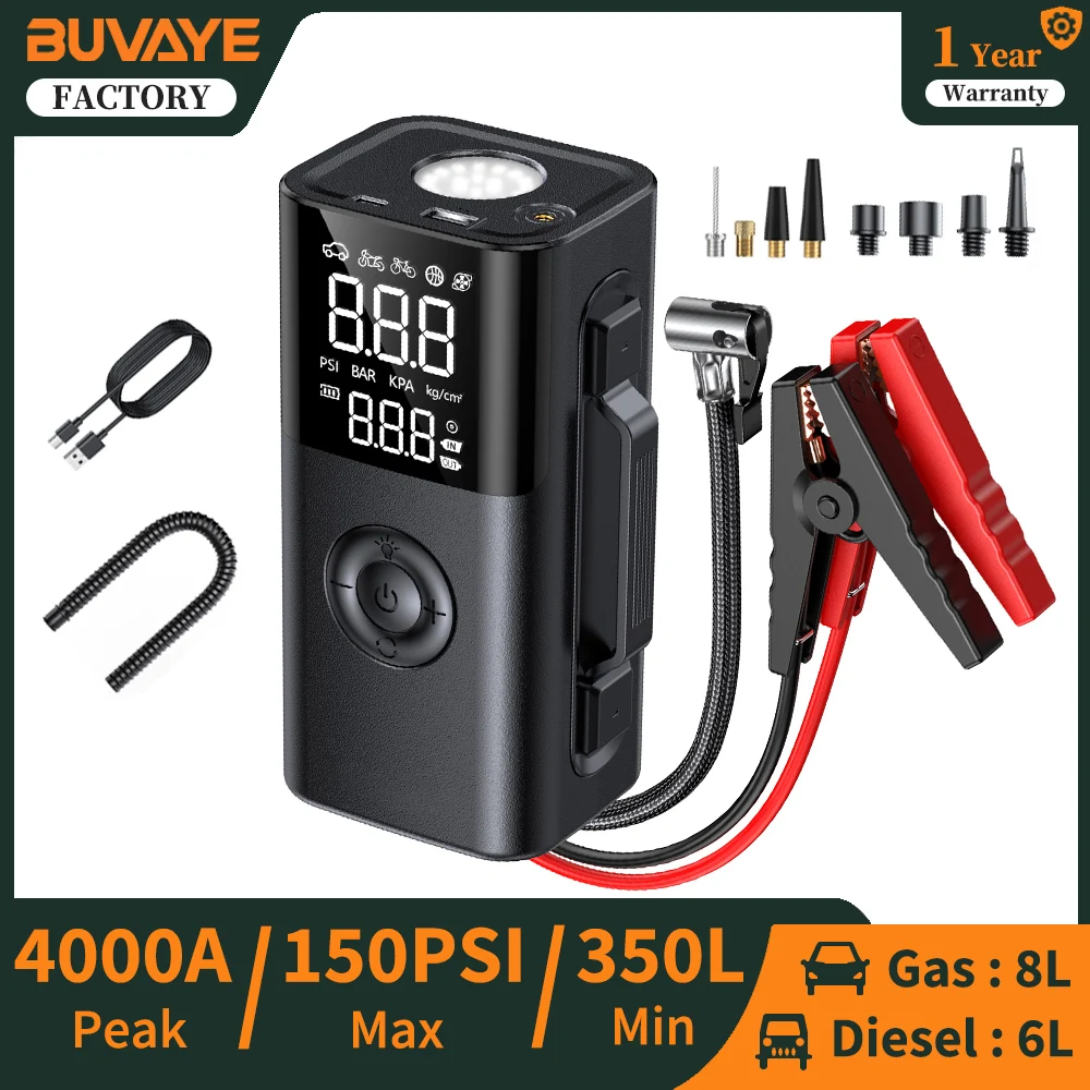 Car Jump Starter 4000A Portable 150PSI Air Pump Car Battery Booster Engine Starting Device