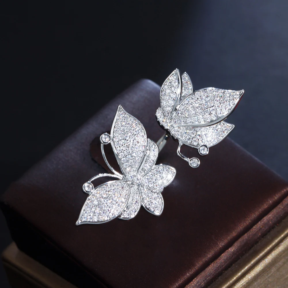 

ThreeGraces Adjustable Size New Trendy Cubic Zirconia Silver Color Big Butterfly Open Ring for Women Fashion Party Jewelry R178