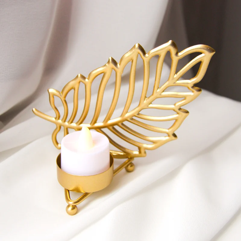 

Golden Leaf Candlestick Home Living Room Wall Decoration Desktop Ornaments Metal Candle Holders Wedding Party Crafts