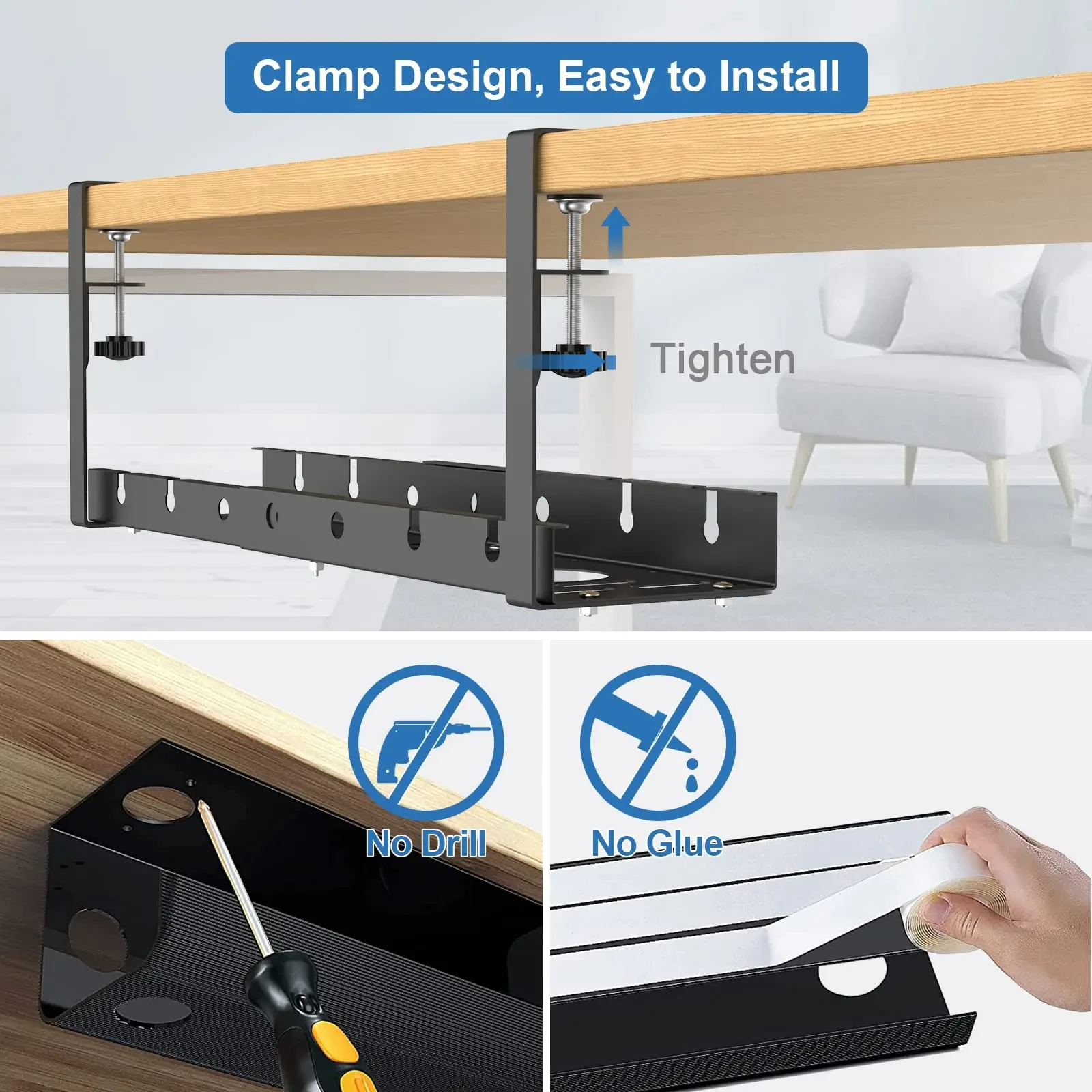 No Drilling Extendable Under Desk Cable Management Metal Cable Tray Under Desk with Clamp Retractable Power Strip Cord Holder