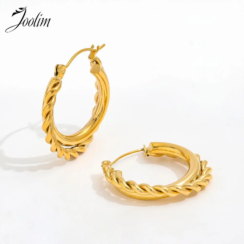 

JOOLIM Jewelry High End PVD Wholesale Tarnish Free Retro Designer Double Layer Twisted Hoop Stainless Steel Earring For Women