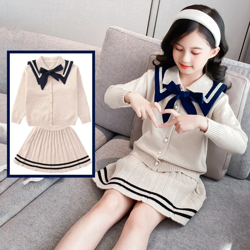 

Girls' Sweater Set 2023 Autumn New Western Style Fashion Teen College Style Striped Knit Sweater Pleated Skirt Two-piece Set