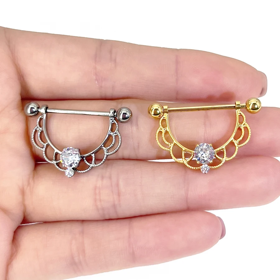 thumbnail image 2 of 2Pcs 16G Titanium Nipple Rings With Cubic Zirconia - 14mm Bar Length, G23 Solid Titanium Body Jewelry For Women 2 of 14