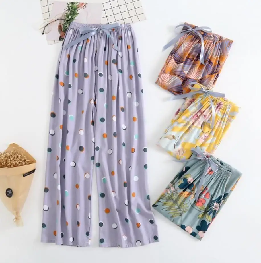 

Летние хлопковые шелковые женские пижамные штаны с широкими штанинами, тонкие, можно носить на улице, искусственный хлопок, свободные повседневные женские брюки