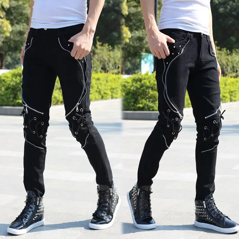 CROSSUP line pants Mサイズ　エアロビクス　ダンス Men black punk hip hop jeans with multi zippers mens skinny
