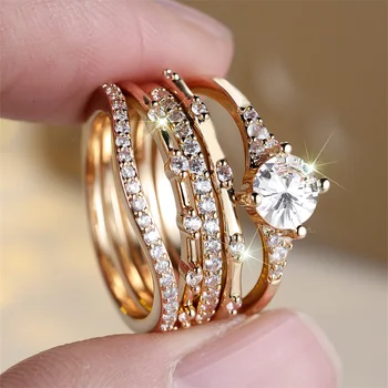 5pcs/Set Luxury Crystal Round Stone Engagement Ring Sets For Women Vintage Gold Color White Zircon Wedding Jewelry Bridal Gifts