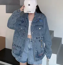 

Embroidered Printing Doodle Airplane Hand Drawn Denim Jackets For Women 2022 Spring New Oversized Tide Street Cowboy Coats Ins