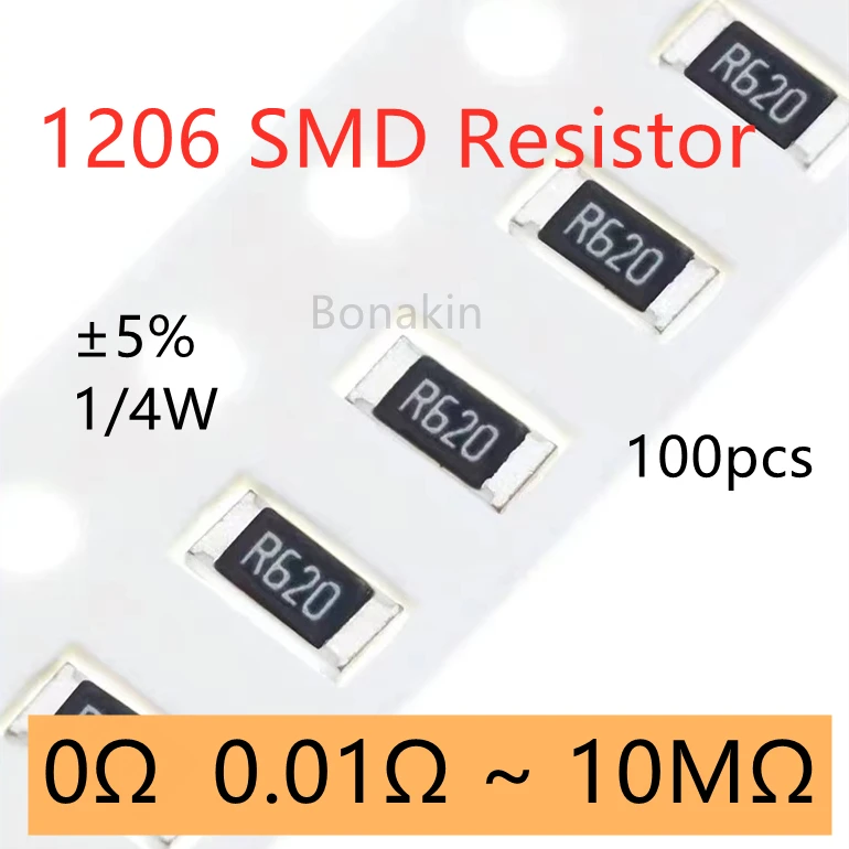 100pcs 1206 5% SMD Resistor 0R 1 ohm 2&Omega; 3.3R 10R 15R 20R 22R 39R 47R 100R 120R 200R300R 1K 2K 4.7K 5.1K 10K 47K 100K 200K 1M 10M smd resistor
