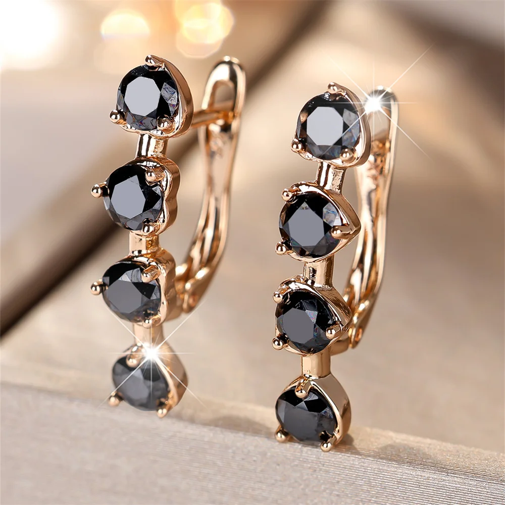 Antique Black Crystal Rainbow Round Stone Hoop Earrings For Women Vintage Gold Color Ear Buckle Wedding Jewelry Versatile Gifts