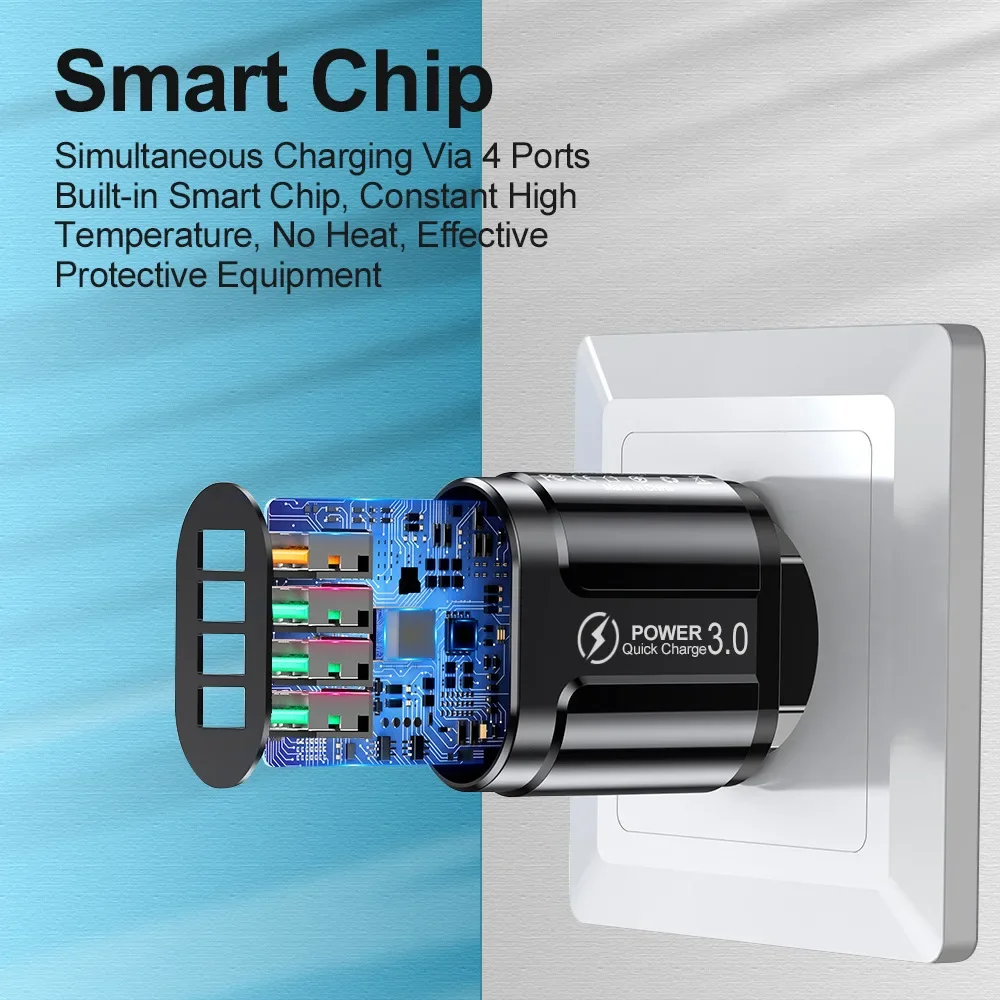 48W 4 USB Ports Quick Charger 3.0 Travel Adapter Mutil Port Fast Charging Suitable For Android iPhone Xiaomi Samsung Other Phone