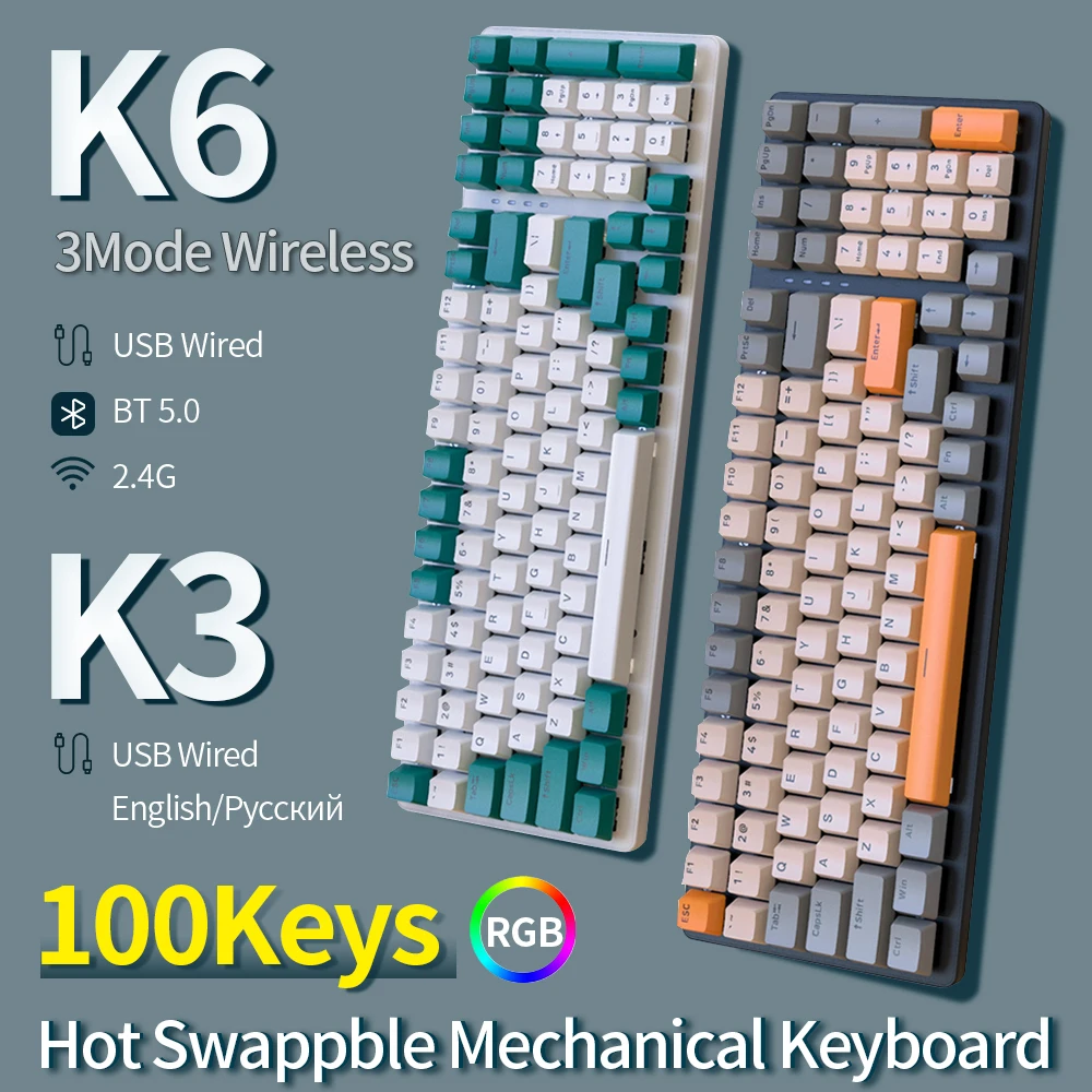 

Игровая Механическая Bluetooth-клавиатура, беспроводная клавиатура с Bluetooth/2,4 ГГц/USB, 3 режима, RGB-подсветка, проводная USB-клавиатура