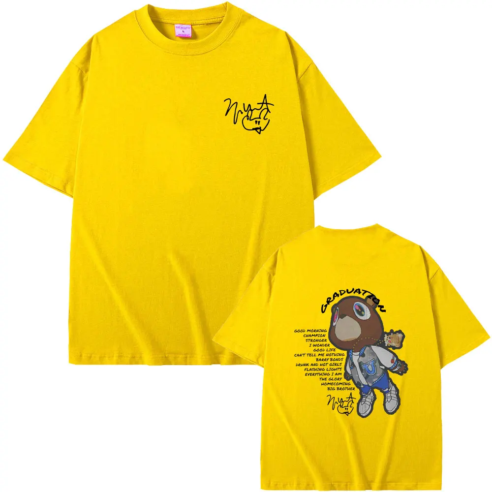 랩퍼 카니 예 웨스트 졸업 양면 그래픽 티셔츠 남성 여성 힙합 오버 사이즈 O 칼라 Tshirt 남성 카니 예 블랙 티셔츠