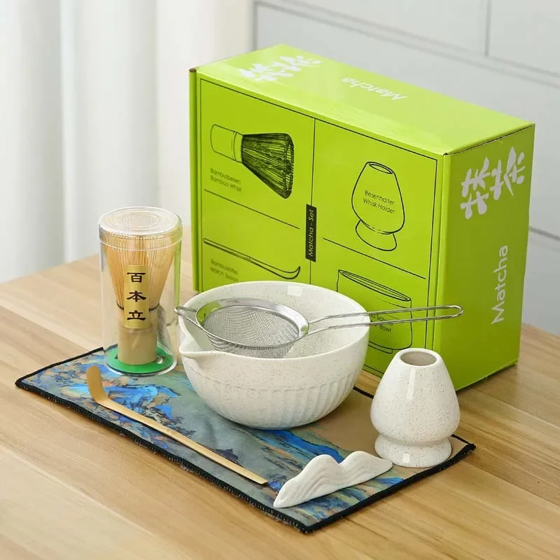 2/4/7Pieces Japanese Matcha Tea Set with Ceramic Bowl Whisk Teaspoon and Sieve Exquisite Matcha Making Set for Lovers