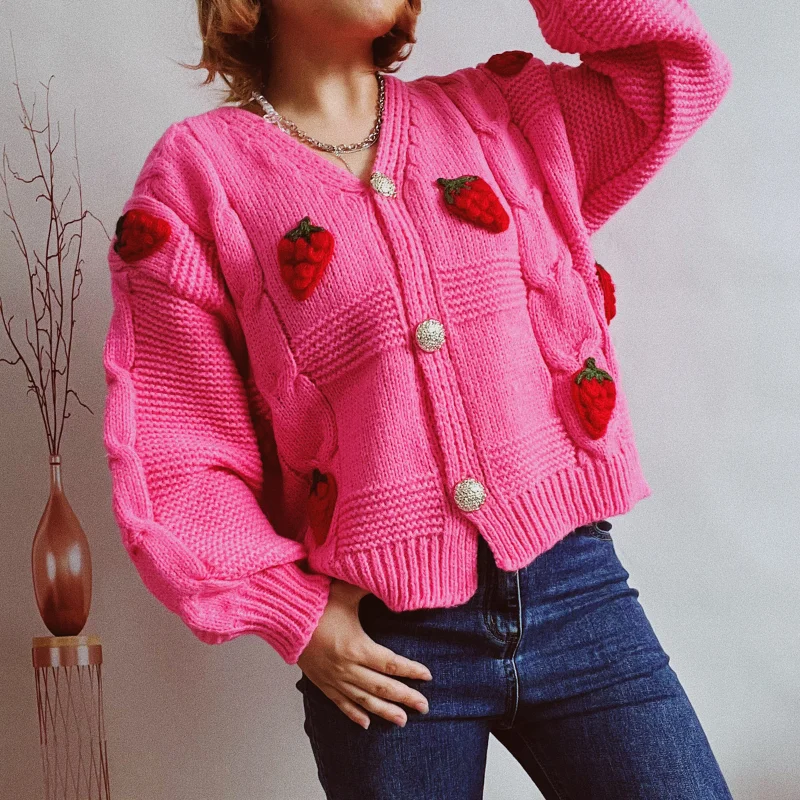 Women's Strawberry Print Crew Neck Crochet Knit Tops, Cute Fall Winter  Pullover Sweaters, Women's Clothing